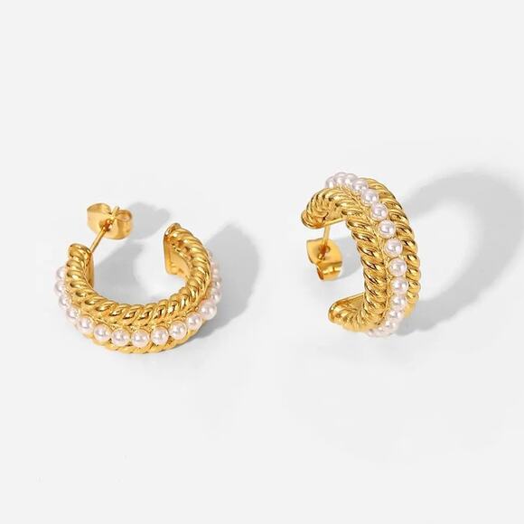 Pearl Vintage Woven C-Shape‎ Hoop Earrings 18K Gold Plated Stainless Steel - Picture 10 of 12